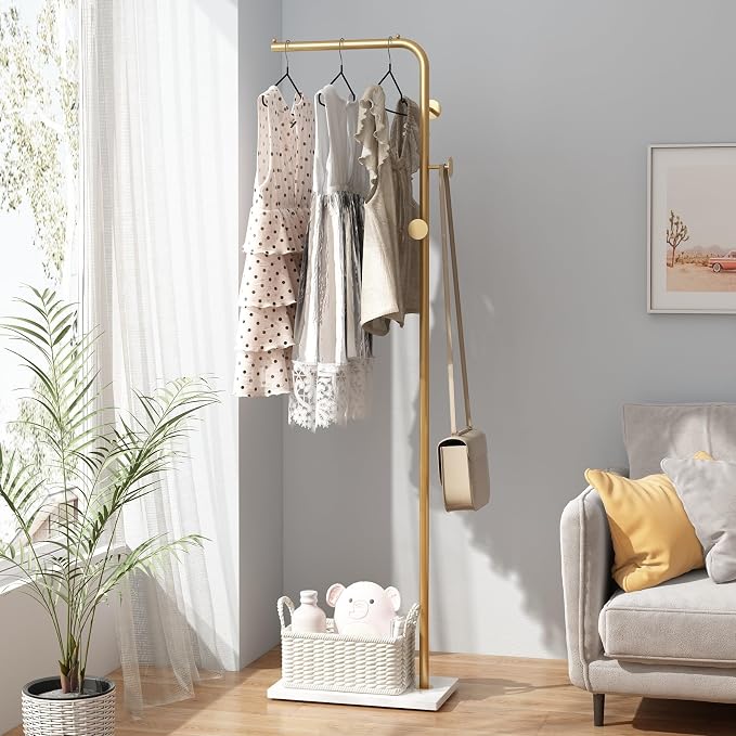 TIEOU Gold Coat Racks, Metal Coat Racks Freestanding with Crossbar and 3 Hooks, Modern Coat Hanger with Marble Base, L Shaped Coat Stand for Entryway, Bedroom, Living Room, Office - Image 3