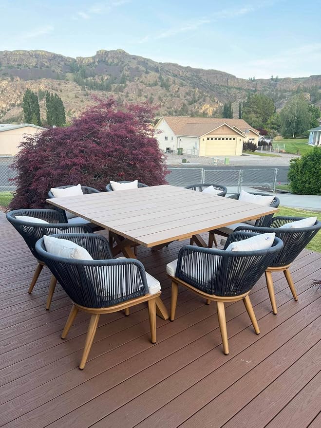 PURPLE LEAF 9 Pieces Outdoor Metal Furniture Set Patio Conversation Sets Wood Pattern Dining Set, 1 Dining Table and 8 Modern Chairs with Cushions Seat - Image 2