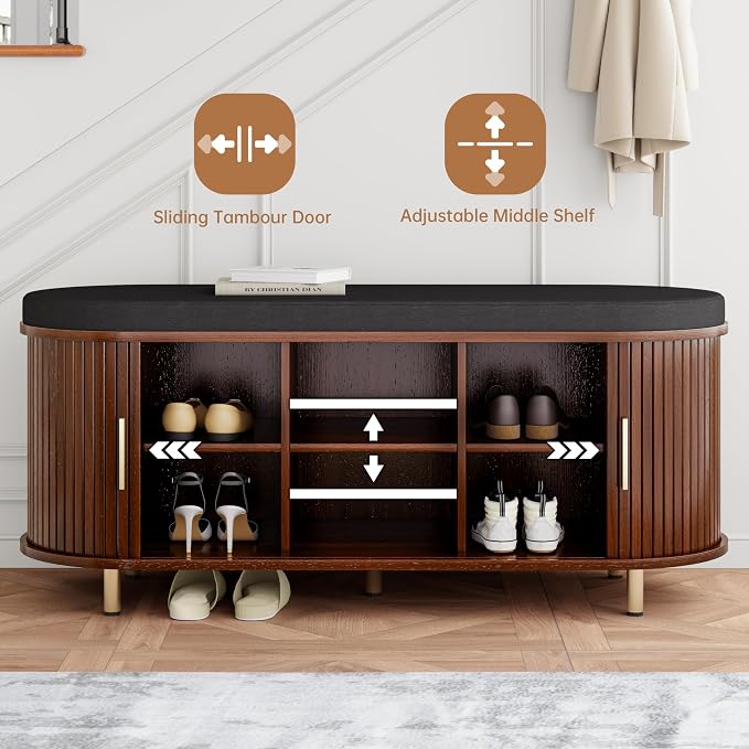DHH 2-Tier Storage Bench,Wide Shoe Bench with Thickened Padded Seat Cushion, Mid Century Modern Fluted Sliding Door and Adjustable Shelf, for Entryway, Living Room, Bedroom (Walnut, 43.3“) - Image 5