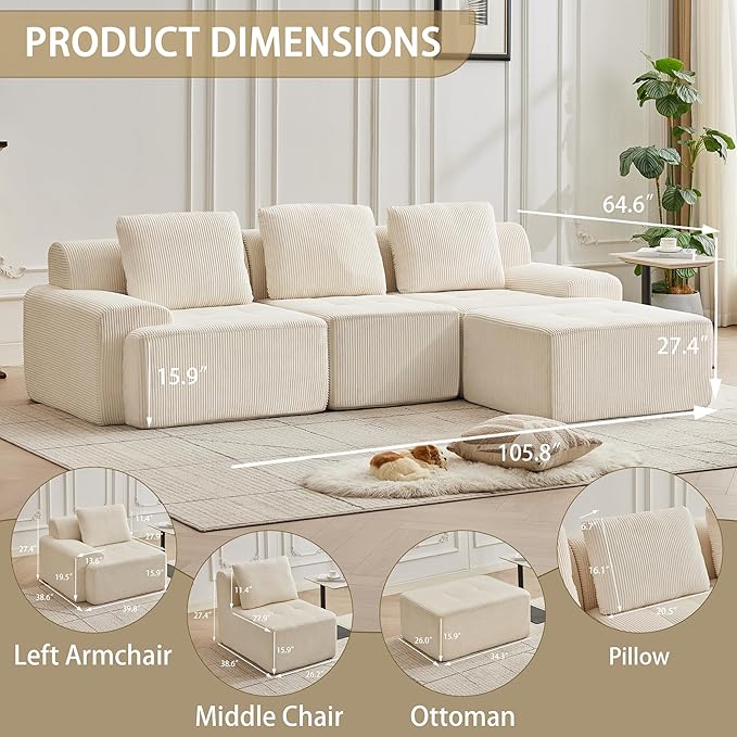 105.8'' Modular Sectional Sofa with Movable Ottoman, 3 Seat Deep Seat Couch with 3 Pillows, Comfy Cloud Sectional Sofa for Living Room, Bedroom (White, 1 Left+1 Right+1 Middle+1 Ottoman)