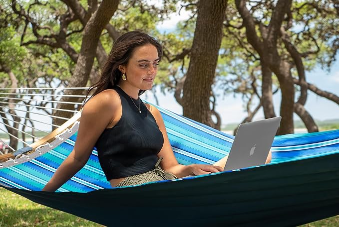 SUPERJARE Hammock with Stand, 2 Person Heavy Duty Hammock with Padded Cotton, Detachable Pillow & Strong Curved-Bar & Portable Carrying Bag, Perfect for Outdoor & Indoor, Aqua Blue - Image 2