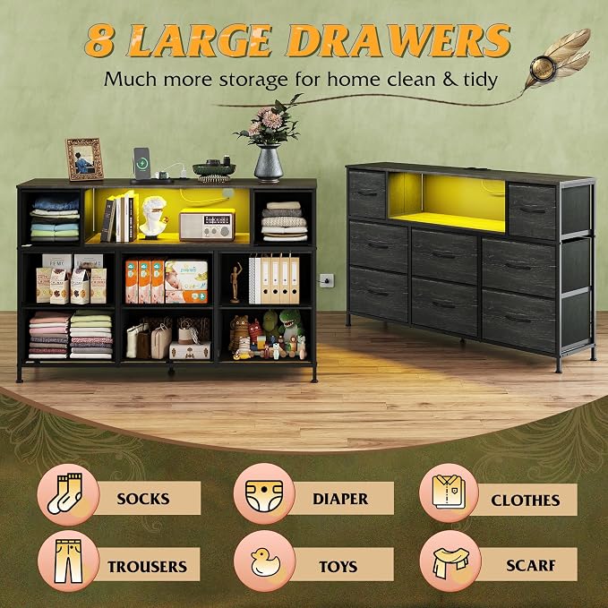 WLIVE Black Dresser TV Stand for 45, 50, 55 inch TV, Entertainment Center with LED Lights & Charging Station, Chest of Drawers with 8 Fabric Drawers and Open Shelves for Living Room, Hallway, Wood Top - Image 4