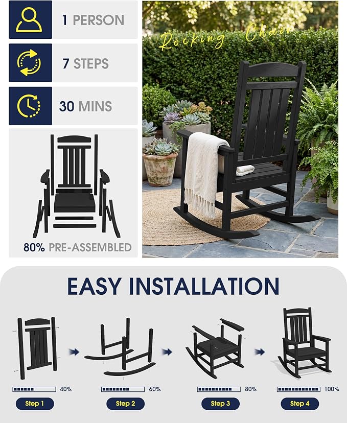 KINGYES Oversized Outdoor Rocking Chair Set of 6, High Density Polyethylene Patio Rocking Chairs with 350lbs Support for Adults, Black - Image 9