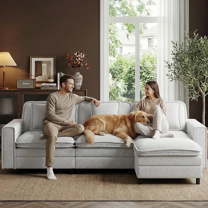 Modular Sectional Sofa 107", Comfy Cloud Couch with Ottoman, Deep 4-Seat L Shaped Modular Sofa, Couches with Throw Pillows for Living Room, Beige