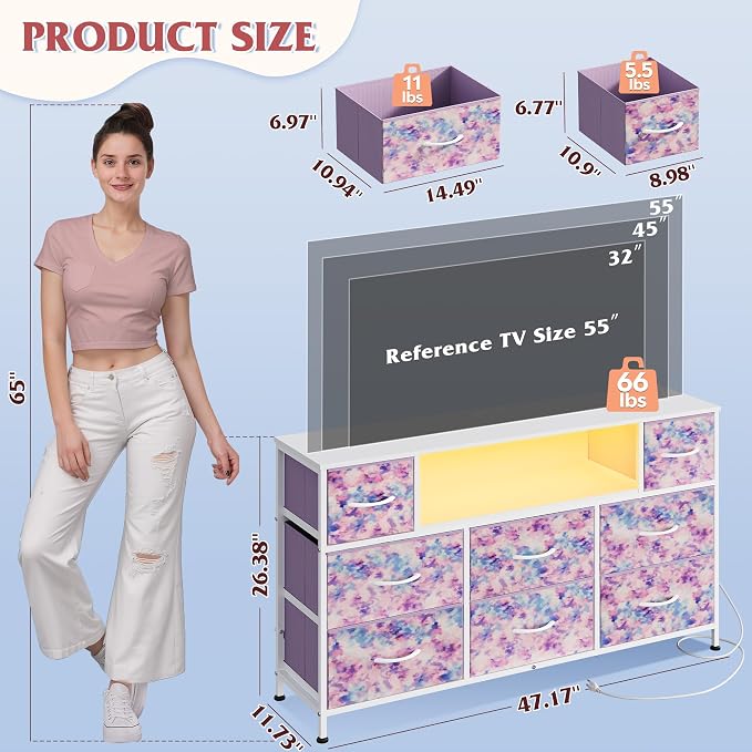 WLIVE Dresser TV Stand for 45, 50, 55 inch TV, Entertainment Center with LED Lights & Charging Station, Chest of Drawers with 8 Fabric Drawers for Living Room, Tie-dye Print (Pink, Purple, Blue) - Image 2