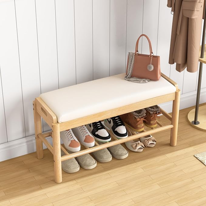 Entryway Shoe Storage Bench, 2-Tier Wood Shoe Rack with Cushion, Padded Seat Entryway Organizer with Shelf & Hidden Storage for Entry, Hallway, Living Room, Bedroom, Closet (Natural, 31.5") - Image 8