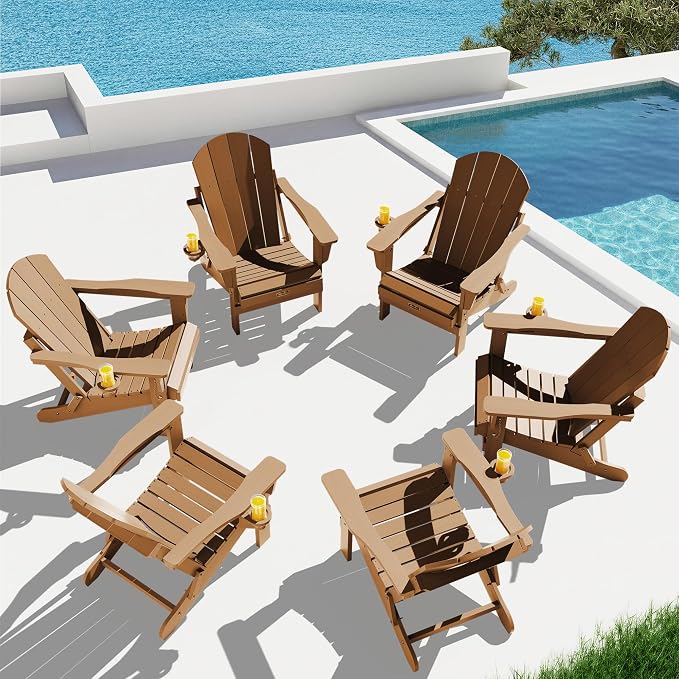 SERWALL Folding Adirondack Chair Set of 6, Wooden Textured Lawn Chair with Cup Holder for Patio Garden Weather Resistant Outdoors Fire Pit Chairs- Brown by SERWALL