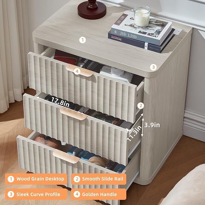 LEYAOYAO Fluted Farmhouse Nightstand Set of 2 with Charging Station, 23" Wide 3 Drawers Night Stand,LightGrey Dresser for Bedroom,Bed Side Table Chest of Drawers,Wood End Table for Living Room - Image 8
