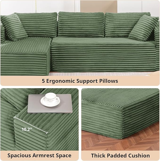 LUCKLIFE Modular Sectional Couch with L-Shape Chaise,Corduroy Upholstery Boneless Couches for Living Room,Oversized Sleeper Sofa,No Assembly Required (Green, L Shape with Left Facing Chaise)