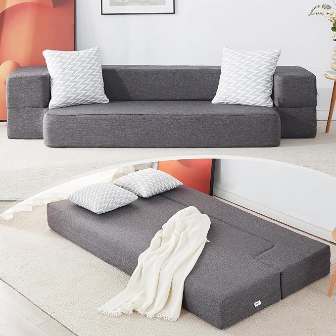 Floor Sofa Bed, Convertible Sleeper Lounge Couch Folding Mattress with 2 Pillows & Washable Cover for Living Room, Guest, Playroom, Queen