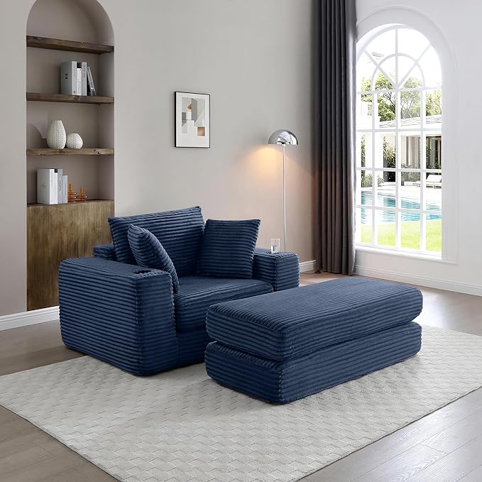 Eafurn 52.4" Oversized Chaise Lounge Indoor with Foldable Ottoman Convertible Boneless Sleeper Sofa Bed, Deep Seat Lounge Chair with Cup Holder & Side Pocket, No Assembly for Living Room | Breathable material, Cupholders