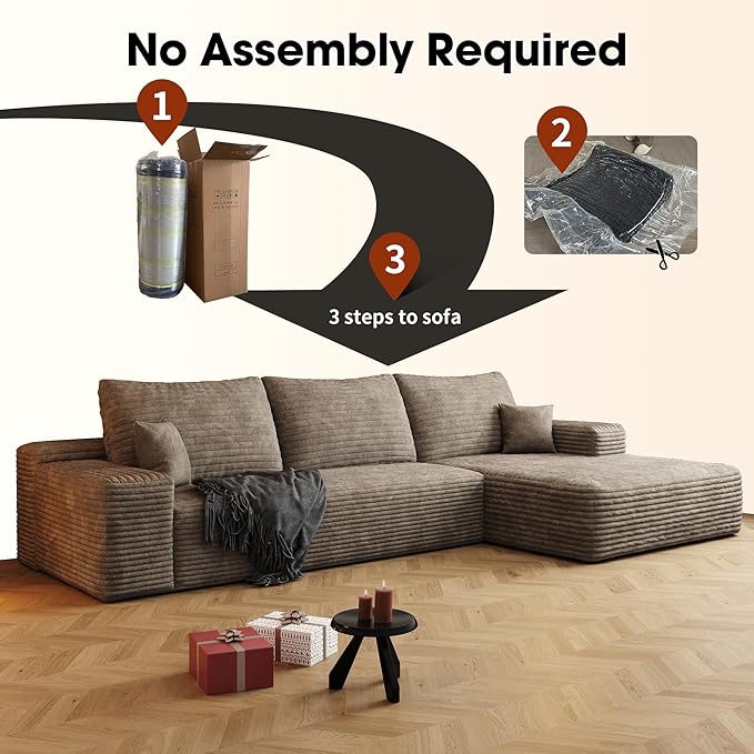 Eafurn Oversized L Shape Modular Sectional Sofa with Right Facing Chaise Lounge,Wide Deep Seat Compressed Corner Couch,Minimalist Corduroy Upholstered Boneless Lounge Sofa Couch | Breathable material, Full Foam, Anti-slip