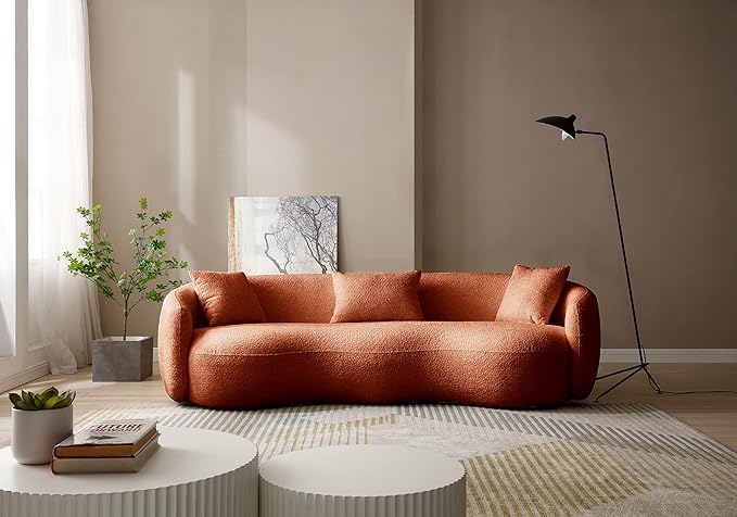 KEIKI 94" Boucle Half Moon Curved Sectional Sofa with 3 Throw Pillows, Modern 4-Seater Teddy Fleece Leisure Couch with Curved Backrest, Easy Assembly, for Living Room, Bedroom, Brown
