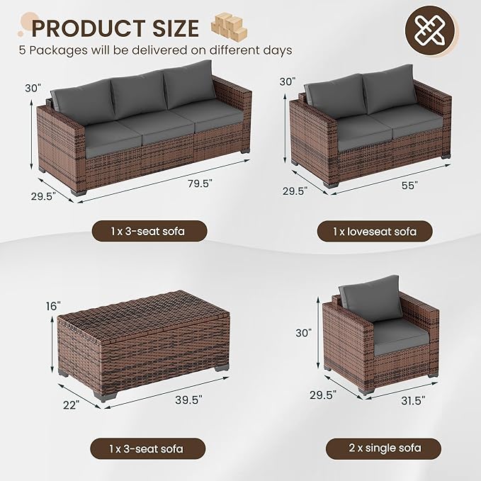 Patio Furniture Set,5 Piece Wide Armrest Outdoor Furniture Chair with 4" Thickened Cushion,Wicker Patio Conversation Sets with Waterproof Covers for Backyard, Porch(Grey)