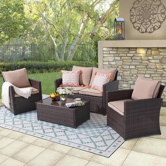 JOIVI Patio Furniture Set, 4 Piece Outdoor Patio Conversation Set, All-Weather PE Rattan Wicker Sectional Patio Sofa Set with Tempered Glass Coffee Table, Brown