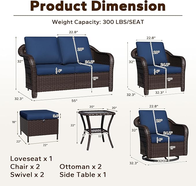 8 Piece Patio Wicker Conversation Set, All-Weather Use Outdoor Wicker Loveseat with 2 PE Rattan Ottomans,2 Chair, 2 Swivel Chair, 1 Side Table, Ideal for Porch, Backyard, Balcony, Poolside, Blue