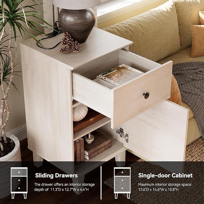 Modern Nightstand with Charging Station Set of 2 Drawer and Storage Cabinet End Table with Wood Leg for Bedroom Natural Wood Grain Beige - Image 7