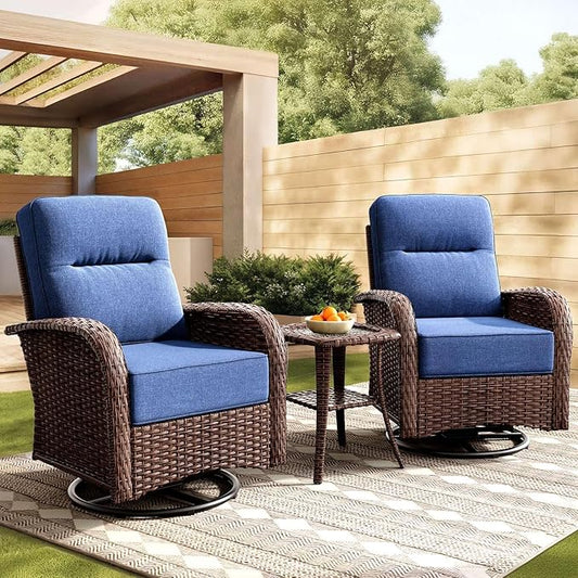 Patio Furniture Set with 6-Inch Thick Cushions, High Back Outdoor Swivel Rocker Chairs and Side Table, 3-Piece Easy Assembly Conversation Set for Porch Deck Balcony Yard in Blue