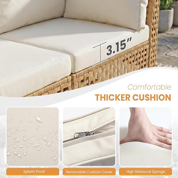 FHFO Oversized Patio Furniture Set, 7-Piece Wicker Patio Sectional Sofa Couch, Rattan Outdoor Conversation Set with Thick Cushion & Tempered Glass Coffee Table for Porch, Backyard, Yellow/Beige