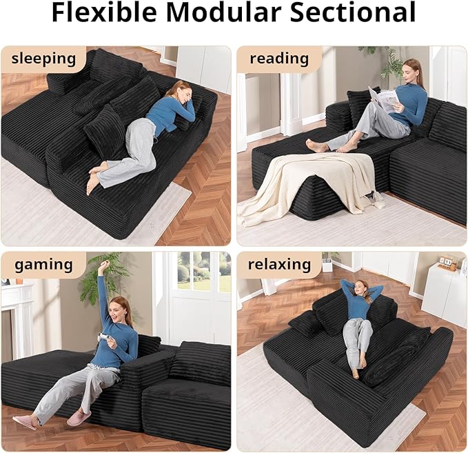 LUCKLIFE 108" Modular Sectional Couch with L-Shape Chaise,Corduroy Upholstery Boneless Couches for Living Room,Oversized Sleeper Sofa,No Assembly Required (Black, L Shape with Left Facing Chaise)