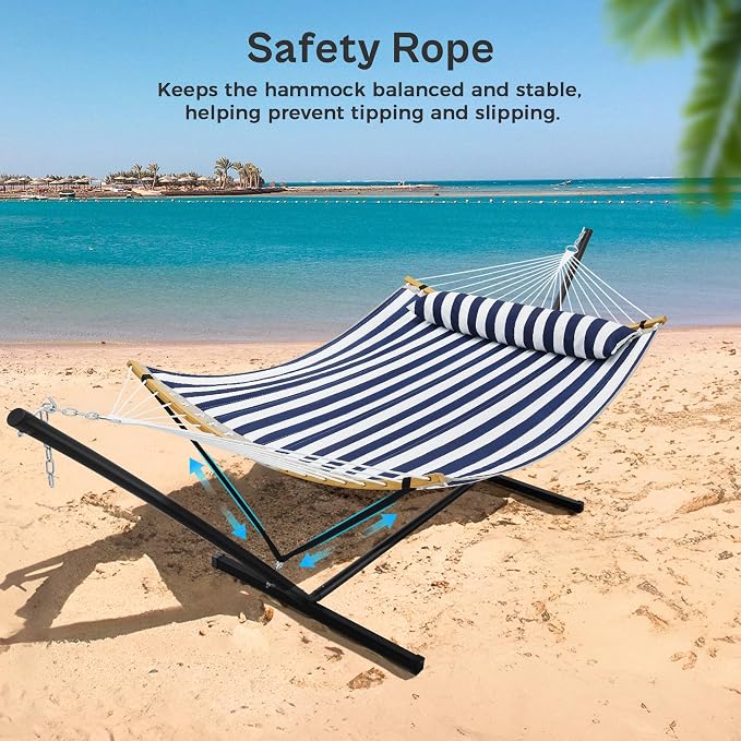 SUPERJARE Curved-Bar Hammock with Stand, 2 Person Heavy Duty Hammock Frame, Detachable Pillow & Portable Carrying Bag, Perfect for Outdoor & Indoor, Denim Blue with White Stripes - Image 5