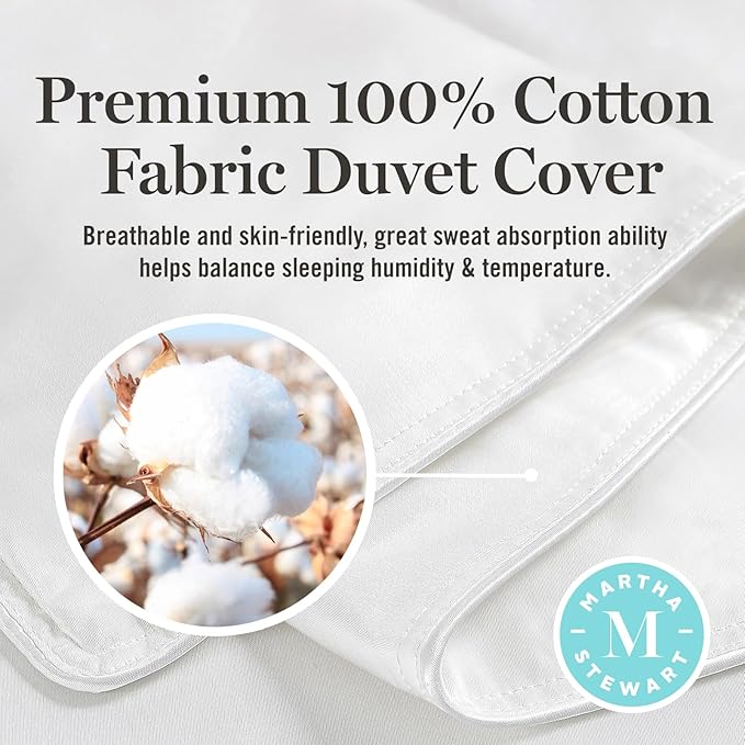 Martha Stewart White Goose King Size Feathers Down Fiber Comforter, 100% Cotton Duvet Insert King, Hotel Luxury Hypoallergenic Comforter 59oz Light Warmth 106 x 90 Inch