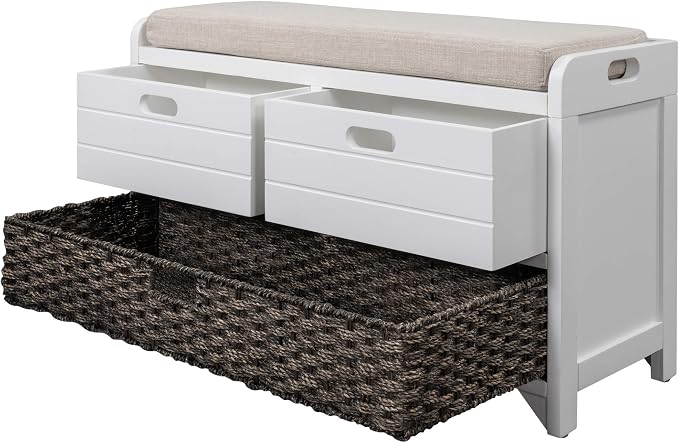 SOFTSEA Storage Bench with Drawers and Basket, Farmhouse Shoe Bench with Seating and Cushion for Hallway Entryway Living Room, Full Assembled (White Wash-2 Drawers) - Image 8