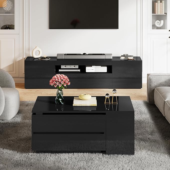 YITAHOME LED Coffee Table with Storage 4 Drawers, Modern Coffee Tables for Living Room, Wooden Rectangle Extendable Center Table with Open Shelves & Sliding Tabletop 35"- 61" for Home Office, Black