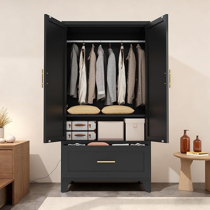 60" Metal Armoire Wardrobe Closet with 1 Drawer, Freestanding Arched 2-Door Tall Clothing Storage with Adjustable Shelves and Hanging Rod for Bedroom Dorm, Black