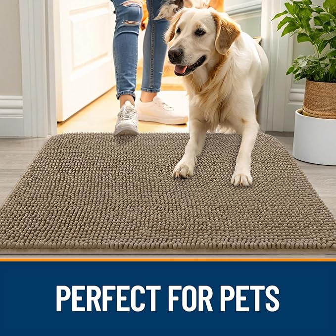 OLANLY Dog Door Mat for Muddy Paws 40x32, Absorbs Moisture and Dirt, Absorbent Non-Slip Washable Doormat, Quick Dry Chenille Mud Mat for Dogs, Entry Indoor Entryway Carpet for Inside Floor, Tan - Image 6