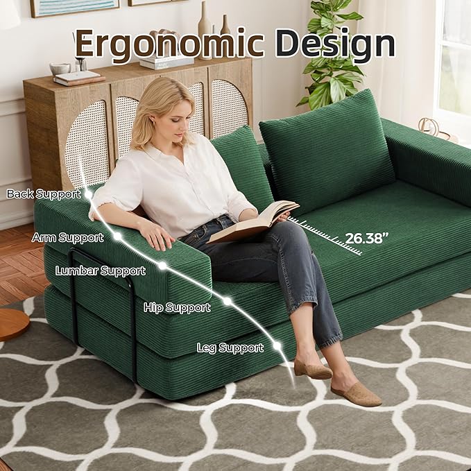 Convertible Sofa Bed, 4-in-1 DIY Combination Modular Couch with Pillows, Comfy Boneless Sleeper Sofa Bed with Fixed-Shape Frame, Corduroy Convertible Lounge Couch for Living Room, Green