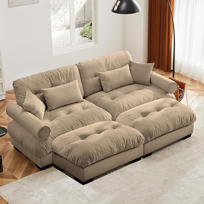 KEIKI 94" Oversized Velvet Modular Sectional Loveseat Sofa with 2 Ottoman, High-Density Foam Cushions and Bolstered Armrests, Upholstered 2-Seater Cloud Couch with 4 Pillow, for Living Room, Camel