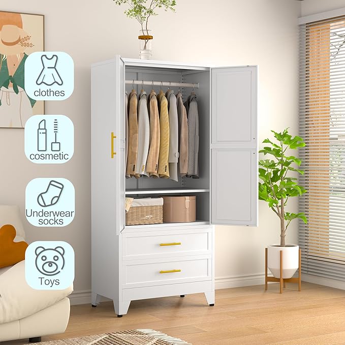 Ckzbx 71" H Metal Armoire Wardrobe Closet with 2 Drawers, Adjustable Shelve, Clothes Drying Pole, Steel Wardrobe Cabinet for Bedroom (White)