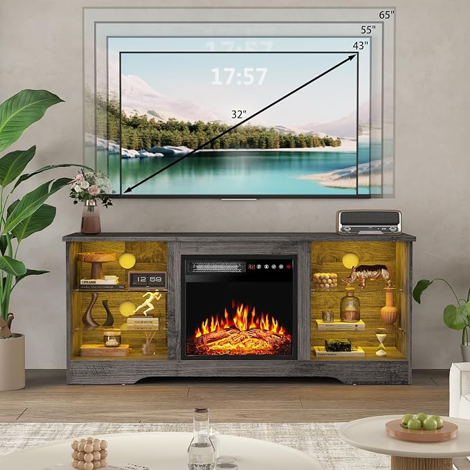 PRETZI Fireplace TV Stand with 18" Fireplace Up to 65" TVs, 58" Entertainment Center with LED Lights, TV Media Console with Adjustable Glass Shelves and Storage Cabinets for Living Room, Grey - Image 7