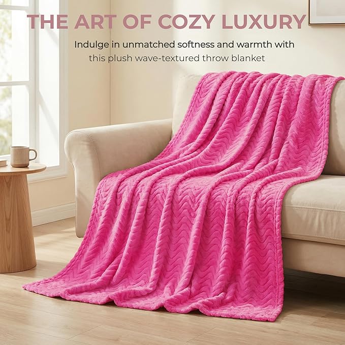 Exclusivo Mezcla Fleece Throw Blanket for Couch, Cozy Lightweight Blankets for All Season, Decorative Giftable Fuzzy Plush Wave Textured Throws for Women, Men, Hot Pink, 50x70 Inches