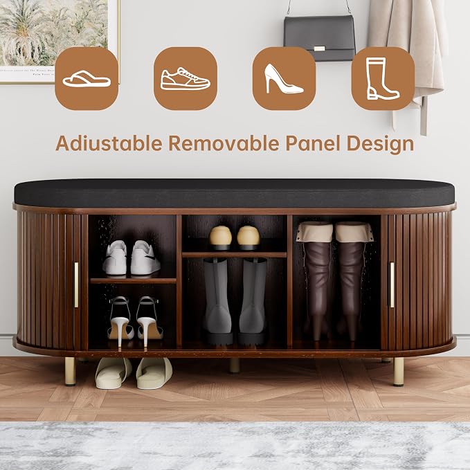 DHH 2-Tier Storage Bench,Wide Shoe Bench with Thickened Padded Seat Cushion, Mid Century Modern Fluted Sliding Door and Adjustable Shelf, for Entryway, Living Room, Bedroom (Walnut, 43.3“) - Image 6