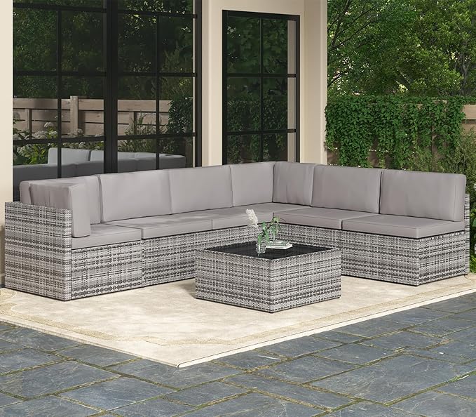 AECOJOY 7 Piece Outdoor Patio Furniture Set, Outdoor Sectional Conversation Furniture Chair with Coffee Table,Patio Sectional for Garden,Backyard(Grey Cushions and Grey PE Rattan)