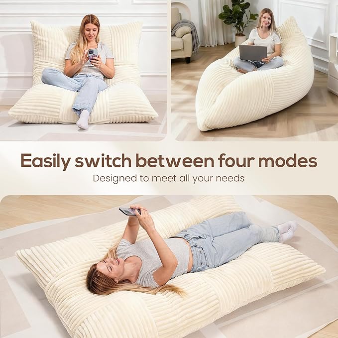 HOMRELEXA Giant Bean Bag Chair, 3-in-1 Convertible Bean Bag Floor Cushion with Washable Cover,Beanbag Chairs for Adult, Living Room, Bedroom, Cream