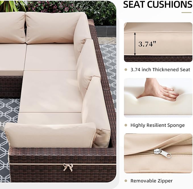 UPHA 5 Pieces Patio Furniture Sets, Wicker Outdoor Sectional Sofa Couch with Coffee Table, Patio Conversation Set for Deck Backyard Garden, Brown Rattan, Beige Cushion