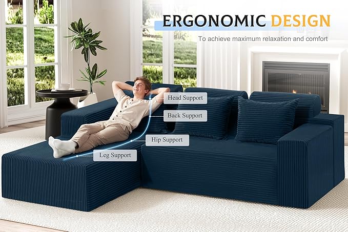 Homguava Modular Sectional Couches for Living Room,105" Cloud Couch with L-Shape Chaise,Comfy Sofa Living Room Sofas with Deep Seat,No Assembly L Couch,Corduroy Fabric(Blue,L)