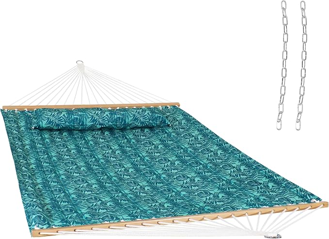 Sunnydaze Quilted Double Hammock for Outside with Spreader Bars and Pillow - 450 lb Capacity, 74x55 Inch Bed, UV Resistant, Quick Dry - Chains Included, Stand Sold Separately - Cool Blue Tropics by SunnydazeDecor