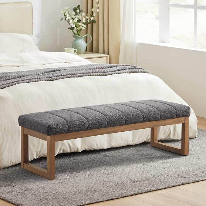 Zihanhome 52.7" Bedroom Bench for End of Bed, Modern Upholstered Teddy Fabric Entryway Bench & Dining Bench, Footrest Stool Bench with Solid Wood Frame for Bedroom, Living Room (Grey) - Image 3