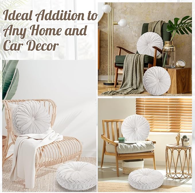 Beeveer 4 Pcs Round Throw Pillows 15 Inch Decorative Velvet Pleated Pumpkin Pillows Boho Floor Pillow with Center Button for Living Room Couch Chair Bed Sofa Home Decoration (Ivory)