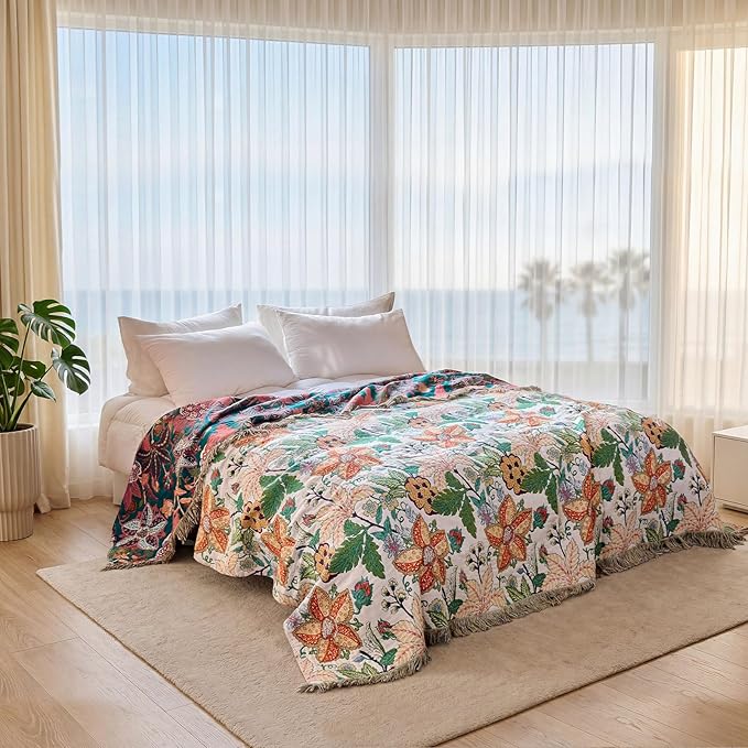 Boho Throw Blanket - 50"x60" 100% Cotton Soft Breathable Lightweight Bed Blanket, Reversible Muslin Spring Blankets Green Floral Farmhouse Decor Rustic Quilt for Bed Couch
