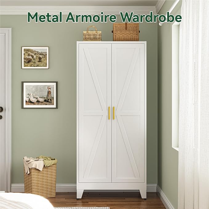 Metal Wardrobe Closet with Doors and Shelves, 71" Farmhouse Bedroom Armoire with Hanger Rod and Clothing Shelf, White Steel Wardrobe Cabinet Storage Clothes Closet