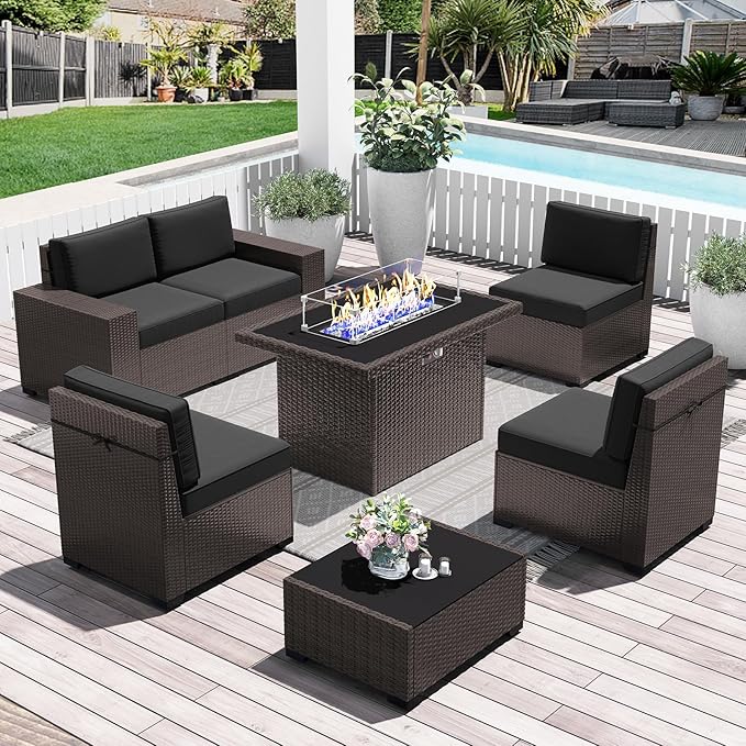 LayinSun 7 Pieces Outdoor Patio Furniture Set with 44" Fire Pit Table Brown Rattan Sectional Sofa Conversation Sets