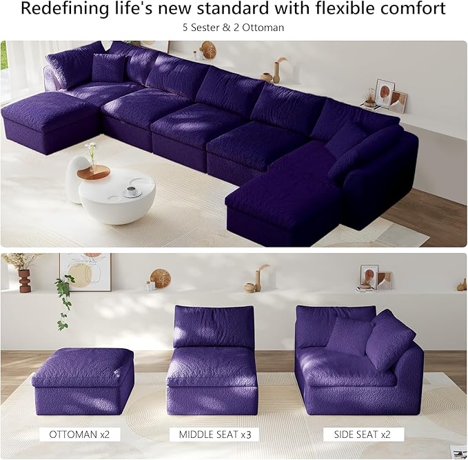 Modular Sectional Sofa Boneless Cloud Couch for Living Room, U Shape Deep Seat Recliner Sofa with Ottoman, Adjustable Backrest & 2 Throw Pillows - Covers Washable, (Purple, 5 Seater+2 Ottoman)