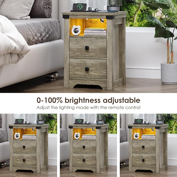 Airynee Nightstand with Charging Station, Farmhouse Nightstand with LED Lights, Modern Rustic Side Table with 2 Storage Drawers, Wooden End Table for Bedroom, Light Rustic Oak - Image 6