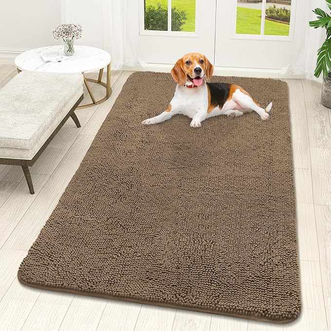 OLANLY Dog Door Mat for Muddy Paws 59x32, Absorbs Moisture and Dirt, Absorbent Non-Slip Washable Doormat, Quick Dry Chenille Mud Mat for Dogs, Entry Indoor Entryway Carpet for Inside Floor, Tan by OLANLY
