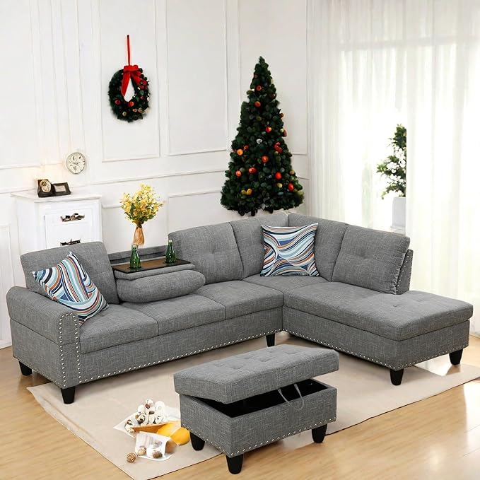 FONTOI L Shaped Sectional Couch with Otttoman, 97" Sectional Sofa for Living Room Flannel Modular Couches with Cup Holders for Bedroom, Apartments, Grey